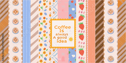 Quirky and colorful collage with coffee quote and fruit motifs