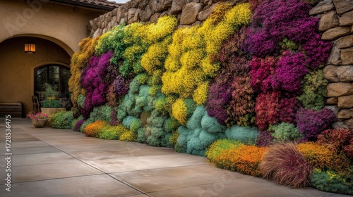 Vibrant Flower Wall Display with Vivid Colors and Textures in a Natural Outdoor Setting Enhancing Architectural Elements and Inviting Beauty