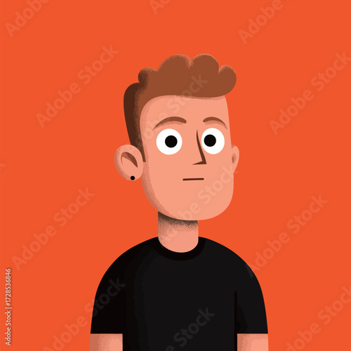 A young man stands with a neutral expression, wearing a black shirt. His short brown hair contrasts with the vibrant orange backdrop. The scene is simple yet striking.