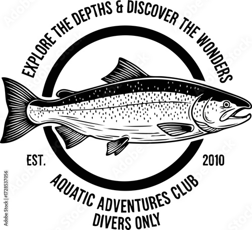 Black and White Fish Logo for Aquatic Adventures Club, Vector Illustration.