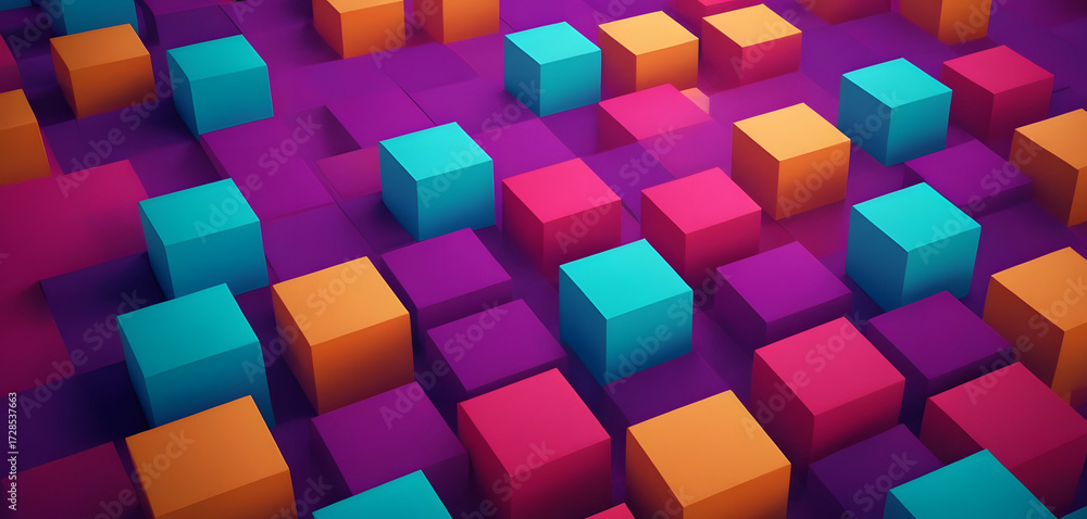 Obraz premium Bright 3D abstract background of colorful cubes in teal, orange, magenta, and purple on a purple surface in a realistic, photorealistic style 
