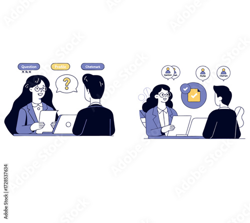 Job Interview and Recruitment Business Meeting. Flat Vector Illustration of Human Resources, Candidate Profile Review, and Assessment Process