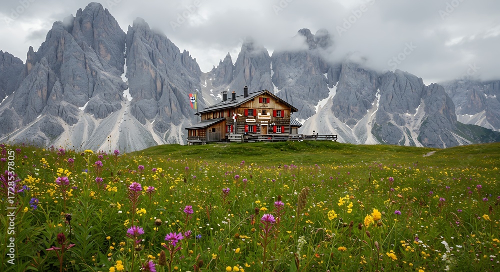 Fototapeta premium Mountain hut in alpine meadow
