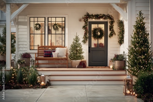 Charming Christmas decorations adorn a welcoming white farmhouse porch at twilight, featuring festive lights, wreaths, and small Christmas trees.
