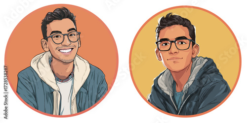 A young man with glasses is smiling brightly while wearing a hoodie. He is sitting comfortably and appears cheerful and friendly against a vivid background.