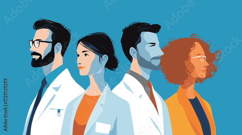 Four healthcare professionals are depicted in this vibrant illustration, showcasing a male doctor with glasses, a female doctor with medium-length hair, and two others.