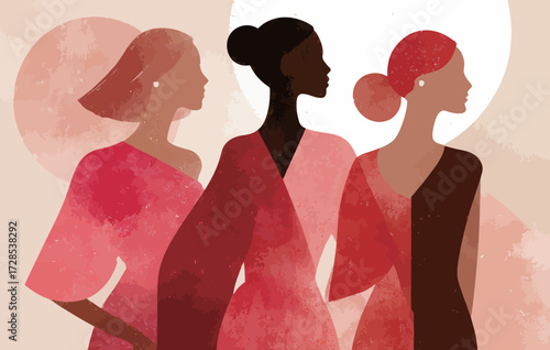 Three women stand together, showcasing beautiful designs in shades of red. Their poses convey unity and strength, highlighting diverse beauty and femininity in an artistic style.
