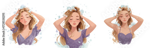 A woman with long, flowing hair is enjoying a serene moment. She is playfully touching her hair with a relaxed expression. Soft colors create a calm atmosphere.