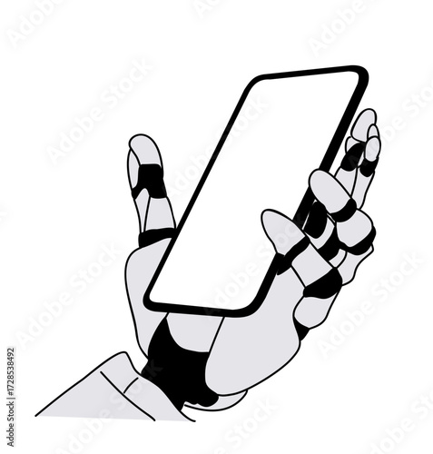 Robotic hand holding a smartphone mockup. Colored outline drawing, Flat vector illustration isolated on transparent background, perfect for tech, AI, gadget, and futuristic design projects