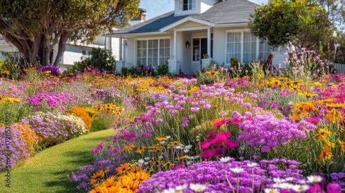 Wallpaper Mural Picturesque spring flowers blooming in vibrant colors surrounding a charming white house with a lush green lawn and trees in a sunny garden scene Torontodigital.ca