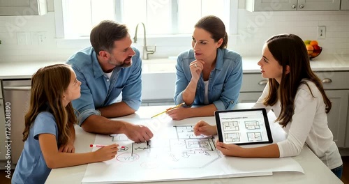 Family collaborates on home renovation project reviewing blueprints and tablet design