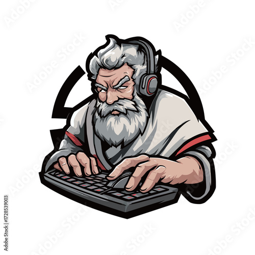 An elderly man with a long beard intensely plays a video game on a keyboard. He wears headphones and appears deeply engaged in the action.
