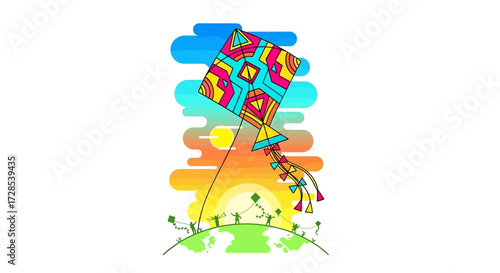 Dynamic graphic art of a vibrant kite soaring freely in a colorful gradient sky at dawn or dusk, embodying freedom, joy, and hopeful global aspirations