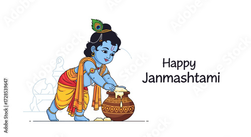 Cute cartoon illustration of Lord Krishna stealing butter with text saying Happy Janmashtami, a celebration of his birth, festival
