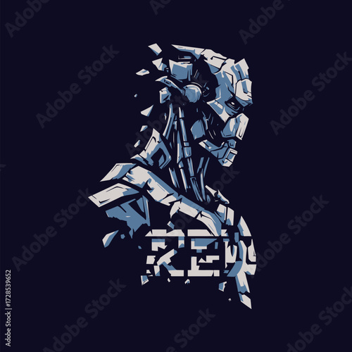 A striking robotic head design appears against a dark background. The features are composed of fragmented shapes, showcasing a unique artistic style, emphasizing technology.