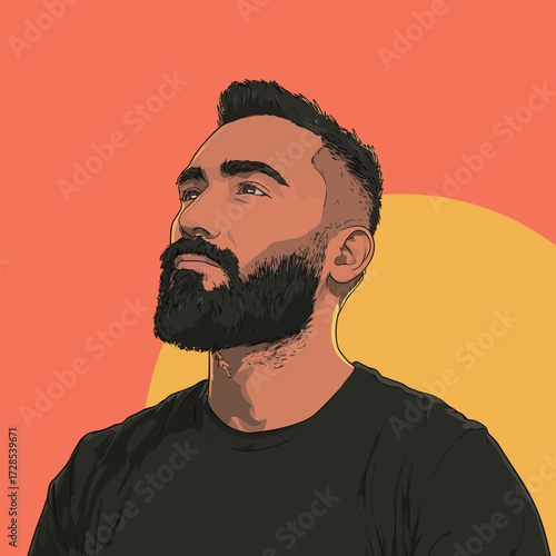 A man with a well-groomed beard is looking upward with a confident expression. The background features warm colors, creating a sunset-like atmosphere.