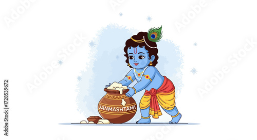 Charming vector illustration of little Krishna with a pot of butter, a delightful depiction of the Hindu deity for the sacred festival of Happy Janmashtami
