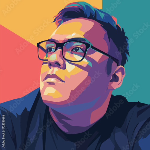 A man with glasses is gazing upward with a thoughtful expression. Bold colors and geometric shapes surround him, creating an energetic atmosphere.