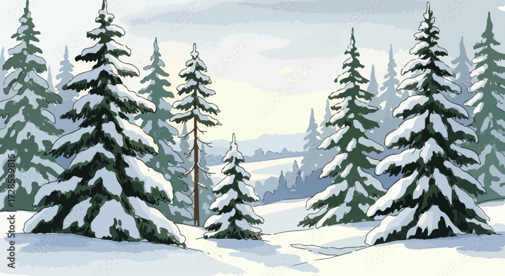 Obraz premium Coniferous forest watercolor silhouette outline hand drawn illustration