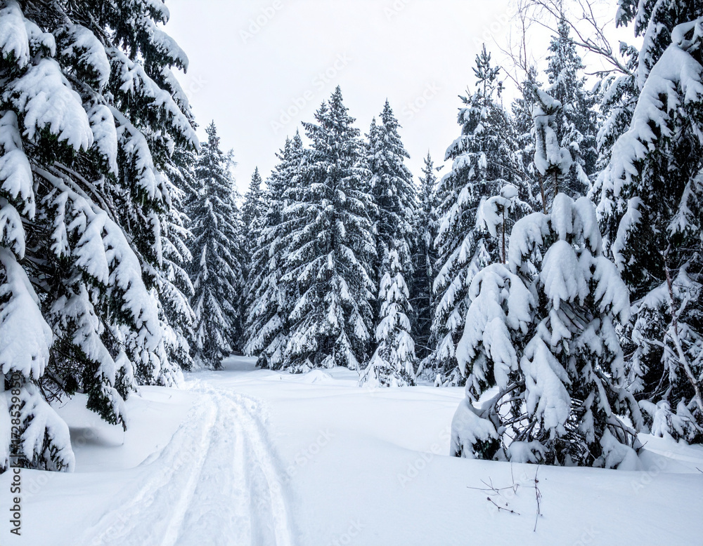 Obraz premium Snowy forest trail winter landscape
