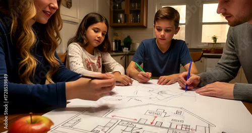 Family collaborating on architectural design plans, fostering creativity and togetherness