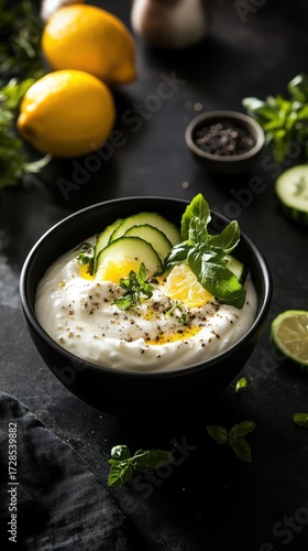Creamy yogurt bowl with cucumbers, lemon, and herbs on dark surface  