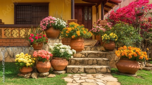 Wallpaper Mural Colorful Flower Pots on Stone Steps Leading to a Charming House Entrance Surrounded by Vibrant Blooming Plants Against a Yellow Wall Torontodigital.ca
