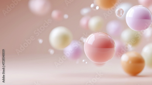 3D abstract spheres floating on pastel background.