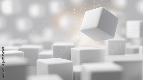 Geometric composition of white cubes with soft shadows.