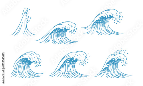 Ocean Waves Line-Art Set Minimal Blue Vector on White, sea beach elements, sea beach weaves elements, easily editable and scalable. 