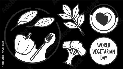 Vector illustration featuring vegetarian symbols: pepper, leaves, broccoli, fork, and a heart icon, promoting World Vegetarian Day on a black background.
