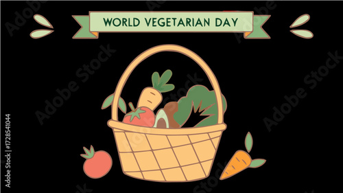 Illustration of a wicker basket overflowing with fresh vegetables, celebrating World Vegetarian Day.