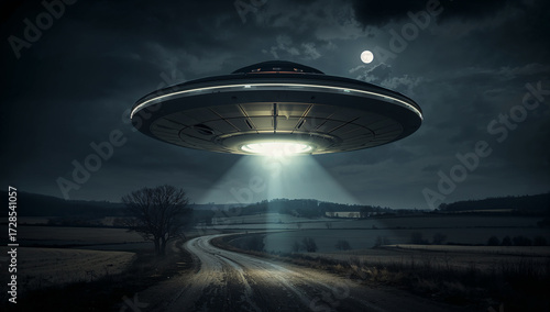 Ethereal disc descends over rural landscape alien spacecraft