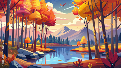 This semi abstract image of forest depicts oil painting colorful autumn trees and aspen trees glowing with yellow red leaf hues beside a calm lake, symbolizing the autumn fall season nature background