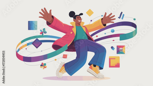 Joyful person dancing with colorful abstract shapes and flowing ribbons celebrating creativity and vibrant energy