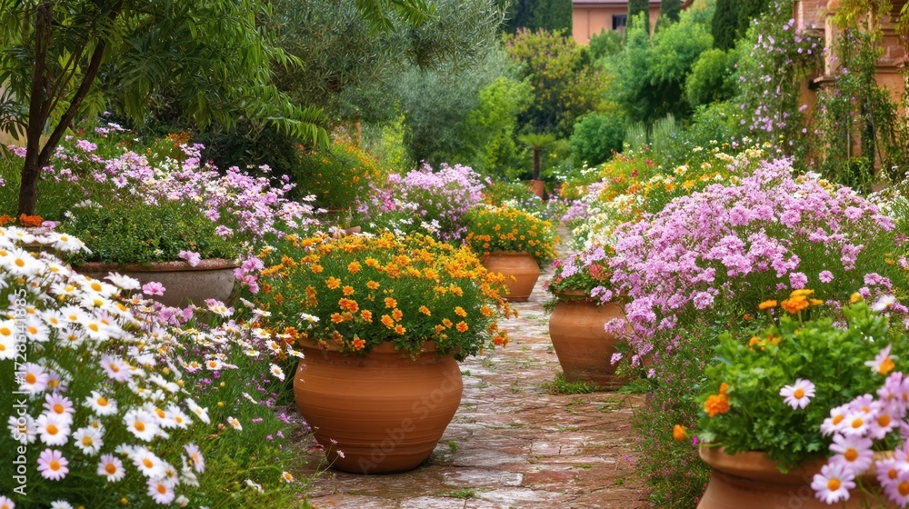 Fototapeta premium Beautiful Garden Pathway with Colorful Flowers and Potted Plants in a Lush Green Landscape Surrounded by Nature’s Vibrant Beauty
