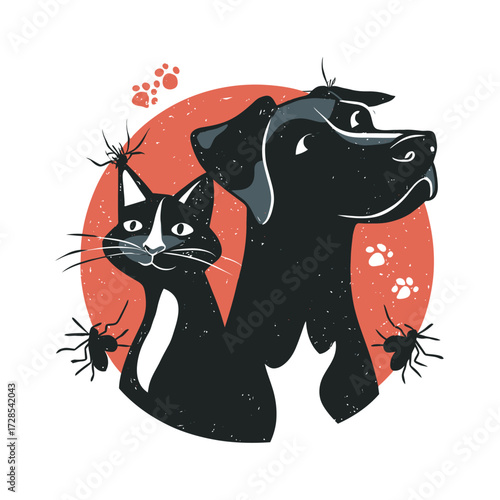 A playful design features a black dog and a cat, both with curious expressions, surrounded by friendly spiders on an orange backdrop, creating a whimsical scene.