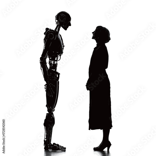 Two silhouettes stand facing each other, one a humanoid robot and the other a woman, creating an intriguing contrast between technology and humanity.