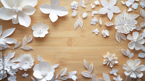 assortment of hand-cut paper blossoms and foliage scattered across wooden table highlighting layers and crisp paper edges