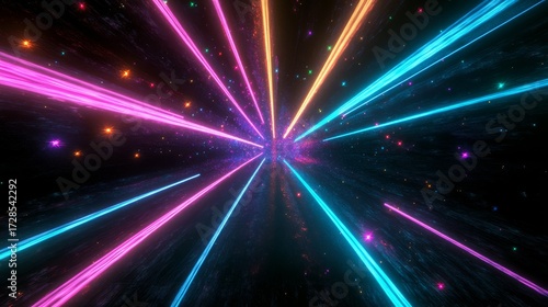 bright neon lines in blue orange pink and green converging toward a central vanishing point on a pitch black background with subtle glowing particles