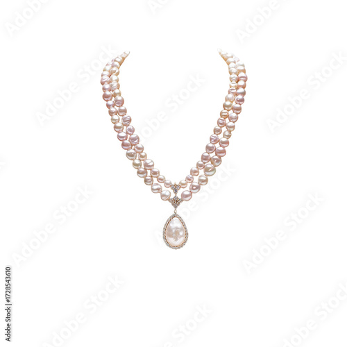 Three strand pearl necklace with teardrop pendant on a   isolated on transparent background