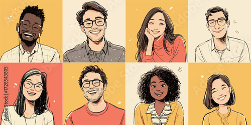 A cheerful group of eight diverse individuals poses for a friendly portrait. They showcase genuine smiles in a colorful backdrop that enhances the joyful atmosphere.