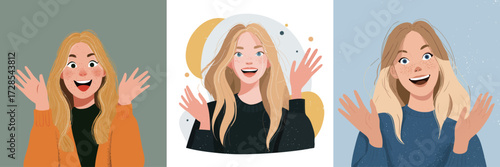 Three joyful women with blonde hair are depicted in various styles, each smiling and waving their hands. The backgrounds and art styles differ, showcasing their happiness.