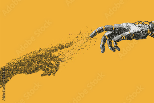 A human hand and a robotic hand are reaching toward each other, symbolizing the connection between humanity and technology.