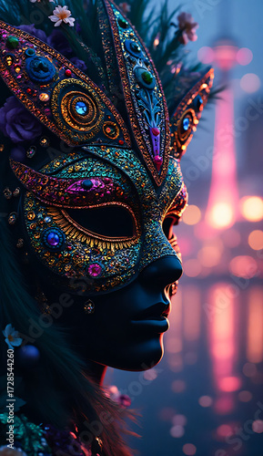 Intense Portrait of Ornate Venetian-Style Masquerade Mask with City Night Lights Background.