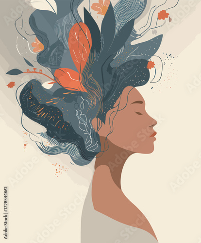 A woman is depicted in profile, showcasing a beautiful hairstyle intertwined with colorful flowers and swirling lines. The art captures a serene and dreamy moment.