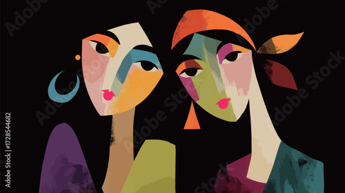Two women with vibrant colors in their features stand close together, showcasing friendship and unity in a modern artistic style. The vivid hues bring energy to the artwork.