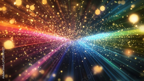 network of vibrant light beams in rainbow hues meeting at center against deep charcoal backdrop sprinkled with tiny sparkles
