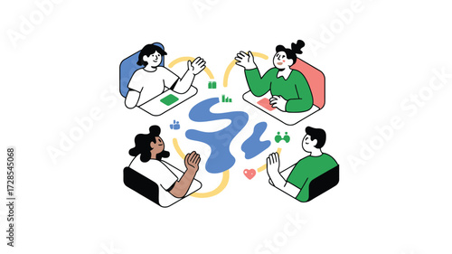 Diverse group of people collaborating and communicating in a modern abstract digital space with interconnected ideas and technology elements