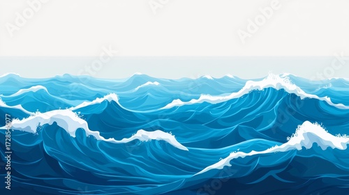 multi-tiered ocean swell illustration in bright blue tones with white wave tips and empty rectangular zone for text overlay